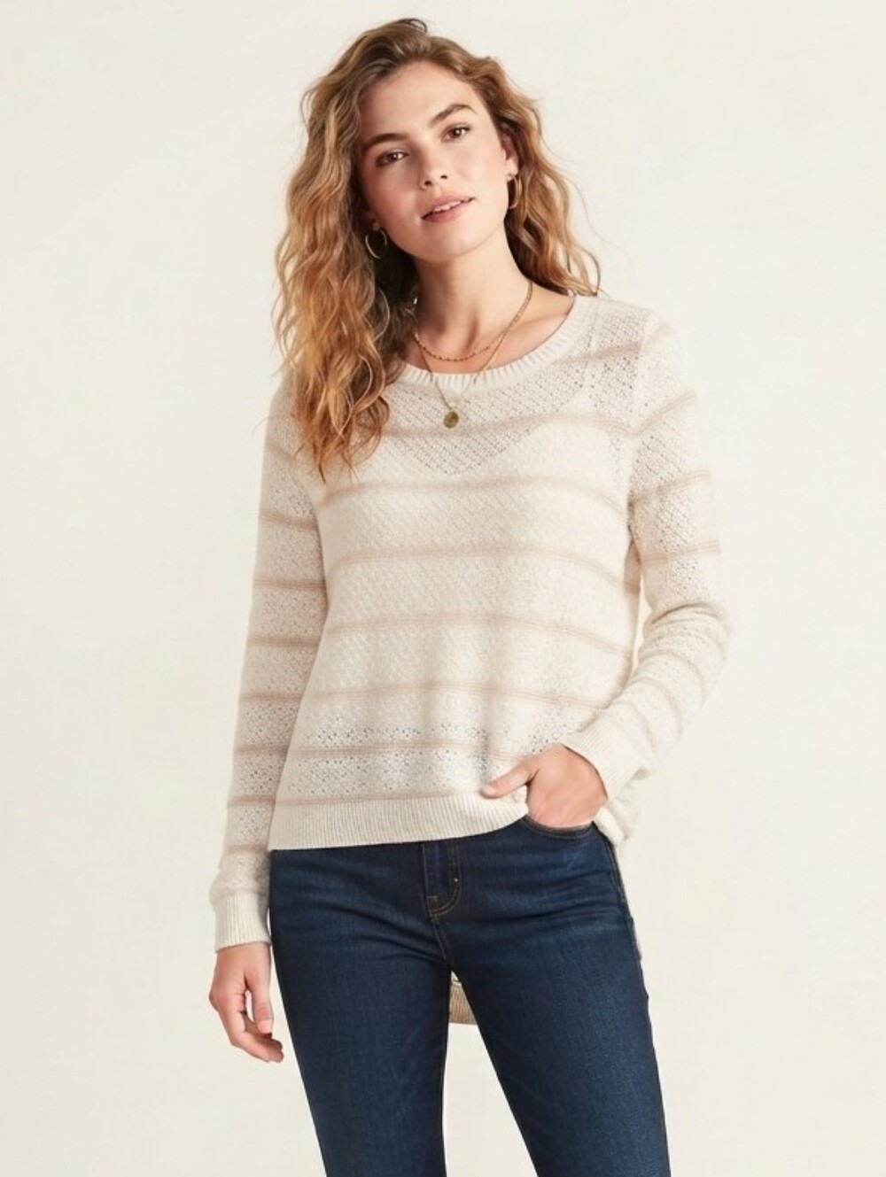 Cream Striped Lightweight Knit Sweater S